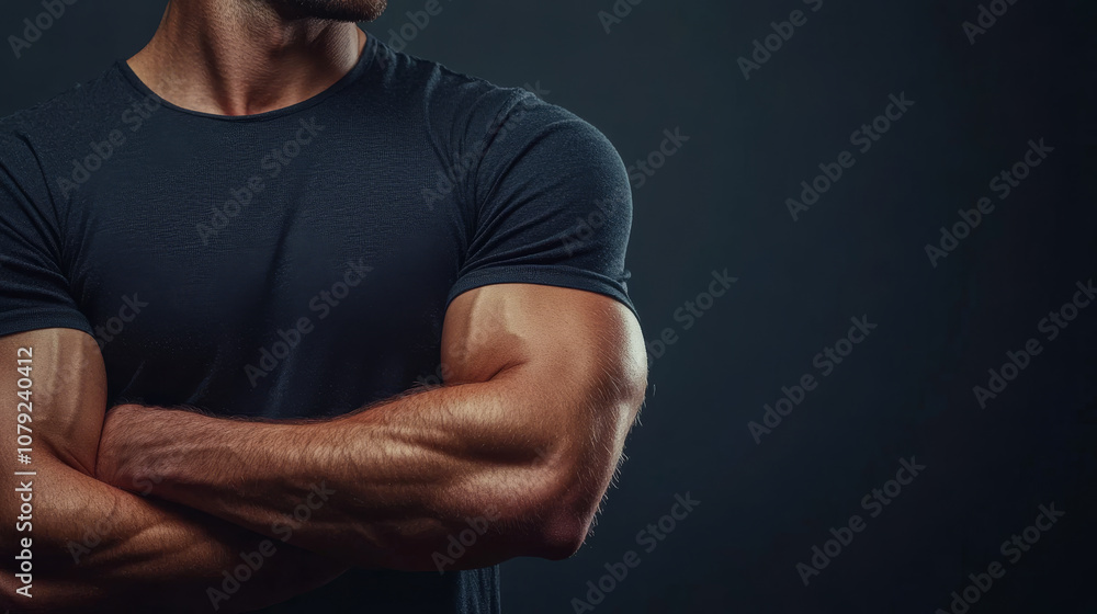 A man with a muscular arm is wearing a black shirt. The shirt is wet, and the man is standing with his arms crossed A man with a muscular arm is wearing a black shirt. The shirt is wet, and the man is standing with his arms crossed