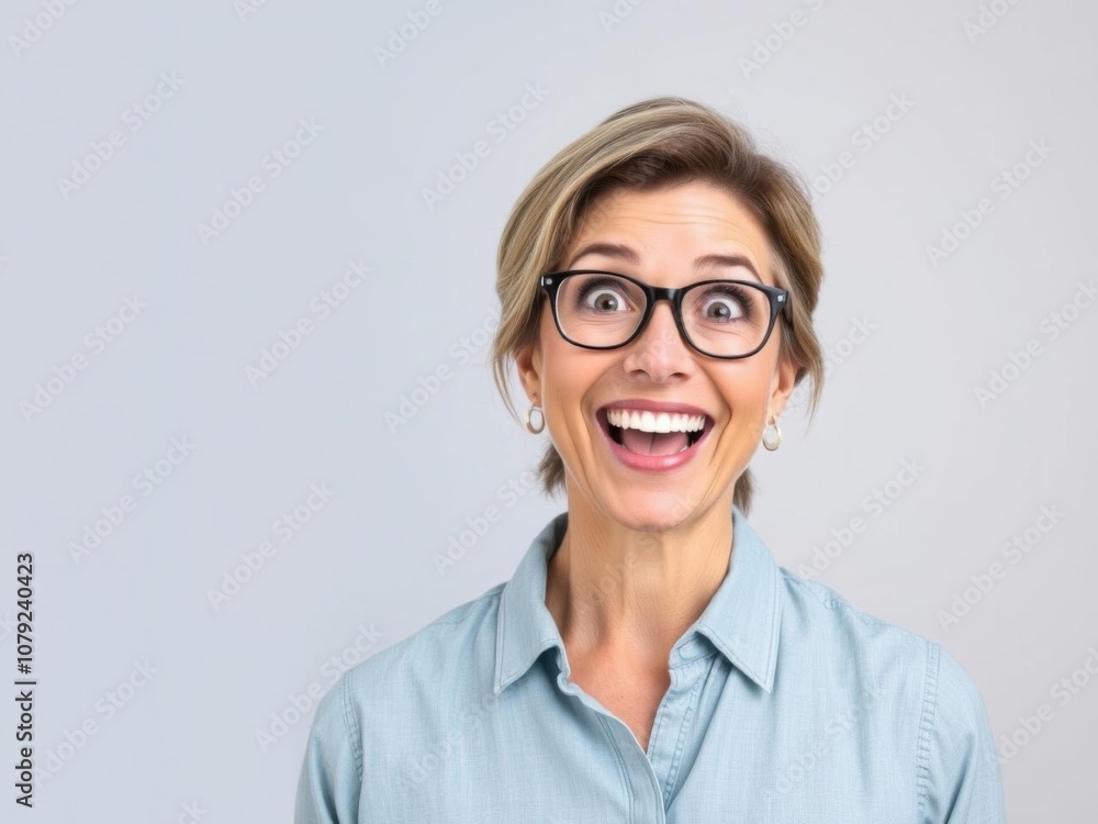 Middle aged woman with a bright smile, eyes widened in surprise, as she realizes a solution or idea, positive attitude, solution Middle aged woman with a bright smile, eyes widened in surprise, as she realizes a solution or idea, positive attitude, solution