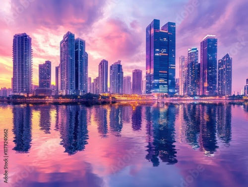 Vibrant watercolor skyline of a modern city with skyscrapers at sunset, reflecting in the water, blending art with urban scenery.