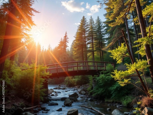 photorealistic banner world environment day old wooden bridge forest stream sun rays tree crowns poster social networks, poster, photorealistic photo