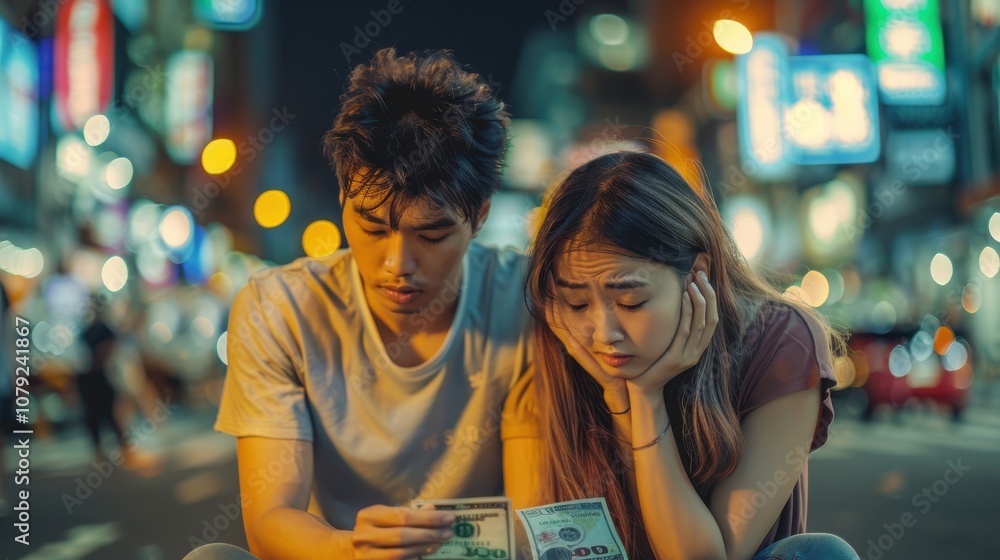 Young Asian couple, heads down, feeling the pressure of rising living costs and debt Young Asian couple, heads down, feeling the pressure of rising living costs and debt