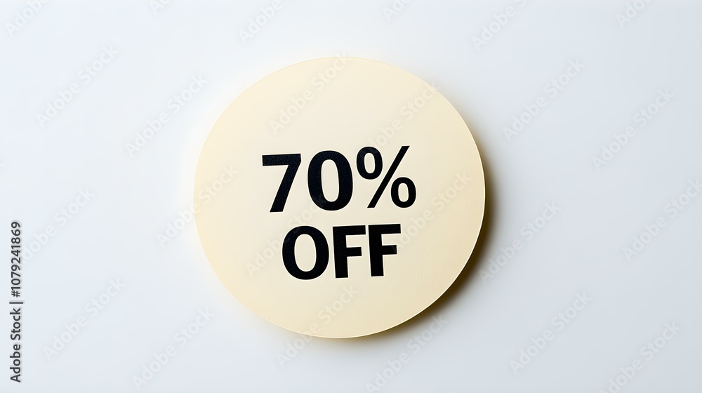 Black '70% OFF' Text on a Light Yellow Round Paper Note. White Background with Copy Space Black '70% OFF' Text on a Light Yellow Round Paper Note. White Background with Copy Space