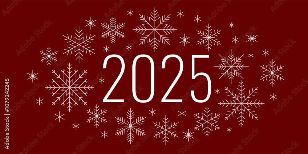 New Year minimalist banner for 2025. The number 2025 surrounded by white geometric snowflakes. Dark red background. New Year flat design. New Year minimalist banner for 2025. The number 2025 surrounded by white geometric snowflakes. Dark red background. New Year flat design.