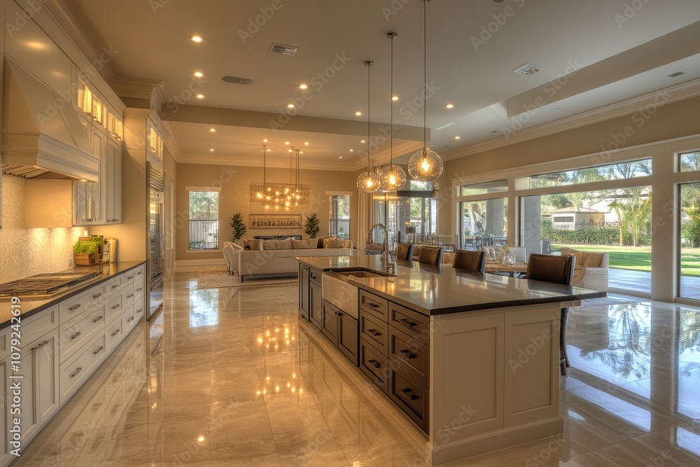 Fototapeta premium modern kitchen design, contemporary open kitchen with sleek cabinets and a large island, accented by chic pendant lights, perfect for hosting