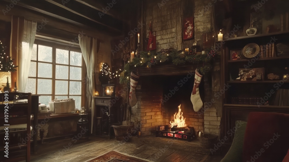 Naklejka premium Step into the heartwarming ambiance of Christmas with this video. A charming, crackling fireplace takes center stage, providing a toasty, snug atmosphere