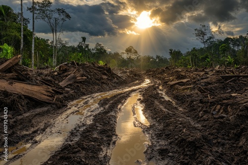 Muddy Path in a Deforested Landscape at Sunset