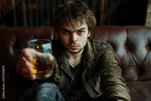 Treatment of alcohol addiction, having suffer abuse problem alcoholism, depressed young man refuse, push out alcoholic beverage glass photo