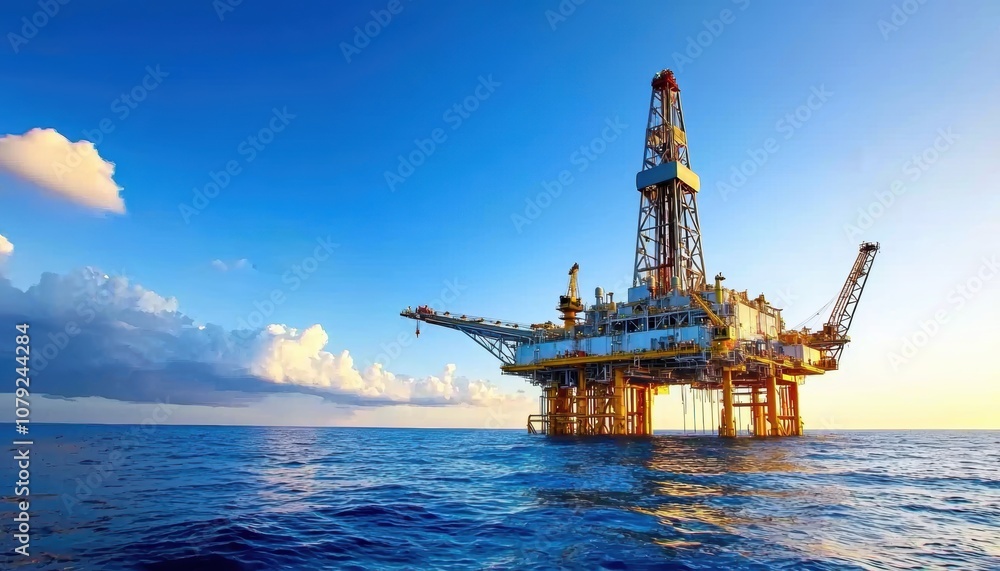A towering offshore oil rig stands against the horizon, workers busy securing equipment on deck A towering offshore oil rig stands against the horizon, workers busy securing equipment on deck
