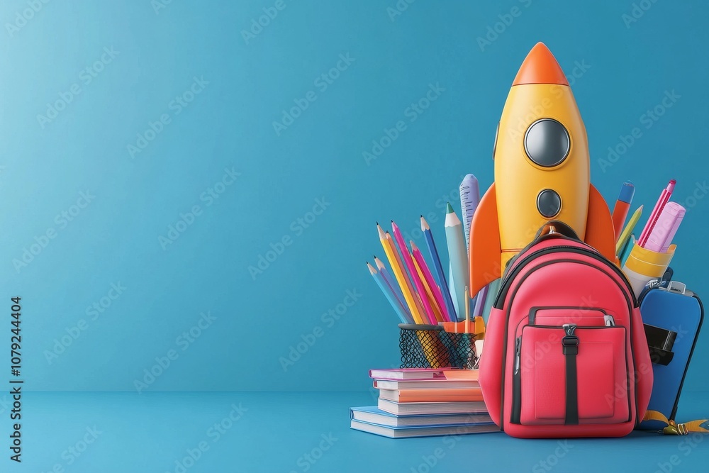 Colorful Back to School Supplies and Books with Blue Background for Creative Learning Colorful Back to School Supplies and Books with Blue Background for Creative Learning