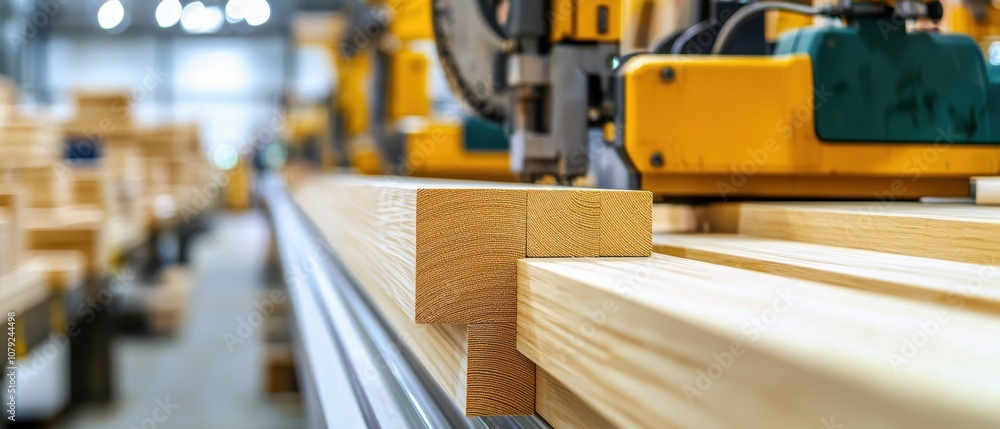 A woodworking production line where precision saws cut planks, and automated machines shape furniture components A woodworking production line where precision saws cut planks, and automated machines shape furniture components