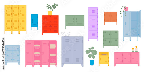 Set of colorful lockers room cabinet for modern interior. Steel lockers in gym, middle school, high school and gym. Storage cell vector illustration