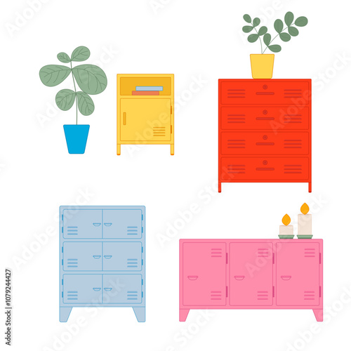 Set of colorful lockers room cabinet and modern interior with indoor plants and candles. Storage cell vector illustration