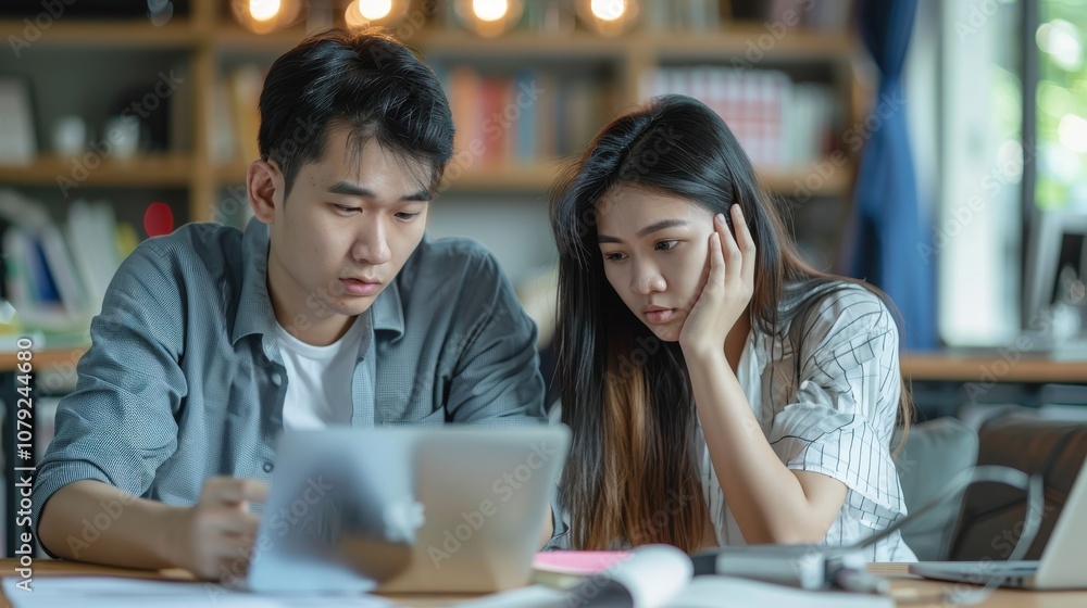 Young Asian couple, heads down, feeling the pressure of rising living costs and debt Young Asian couple, heads down, feeling the pressure of rising living costs and debt