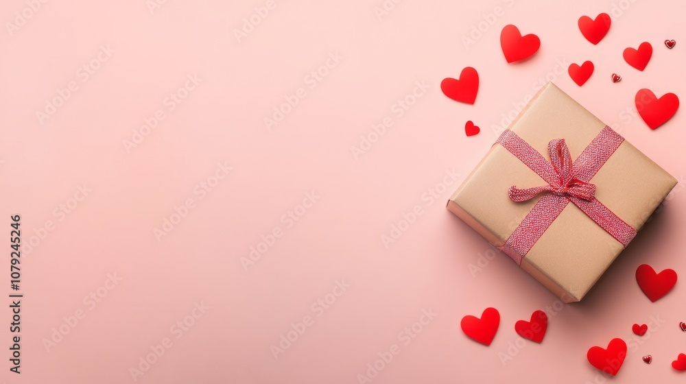 Valentine day composition with gift box and red hearts, photo template on pink background Valentine day composition with gift box and red hearts, photo template on pink background