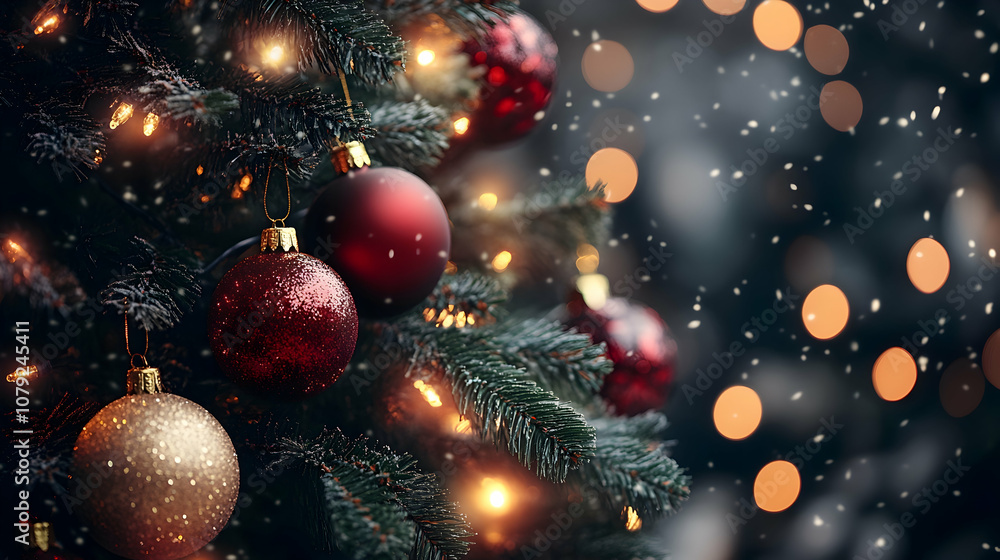 Holiday tree with red and gold ornaments and glowing lights for a festive look Holiday tree with red and gold ornaments and glowing lights for a festive look