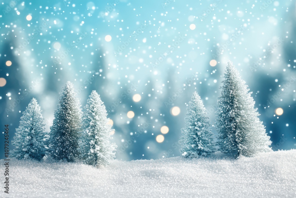 Snow trees with bokeh lighting in winter on a blurred background Snow trees with bokeh lighting in winter on a blurred background