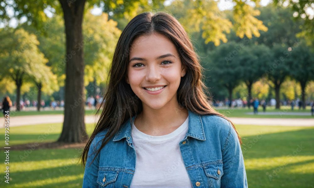 A young woman smiles at the camera in a park during the daytime A young woman smiles at the camera in a park during the daytime