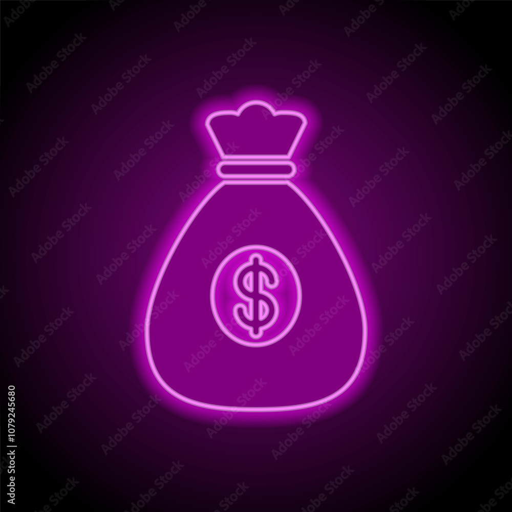 Bank bag simple icon vector. Flat design. Purple neon on black background Bank bag simple icon vector. Flat design. Purple neon on black background
