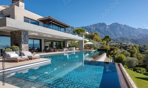 Modern house with Infinity Pool resort house for enjoy, Generative AI.