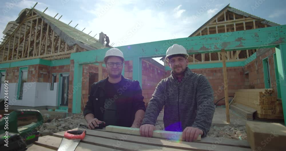 Two construction workers posing with tools in front of unfinished wooden frame house, teamwork, safety helmets, outdoor construction project under blue sky Two construction workers posing with tools in front of unfinished wooden frame house, teamwork, safety helmets, outdoor construction project under blue sky