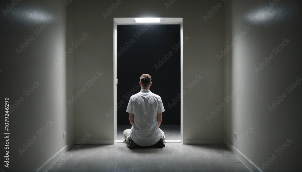 A man sits in a white room, facing a doorway leading to a dark space A man sits in a white room, facing a doorway leading to a dark space