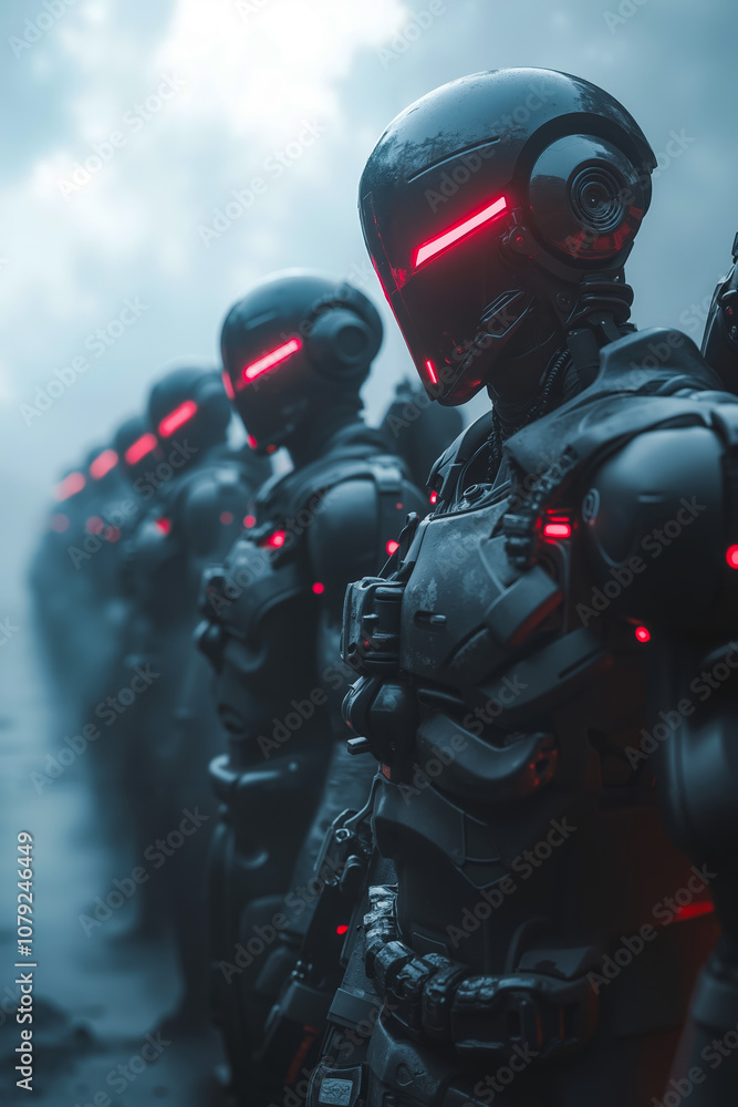 A group of robots standing in a line with red lights on their heads A group of robots standing in a line with red lights on their heads
