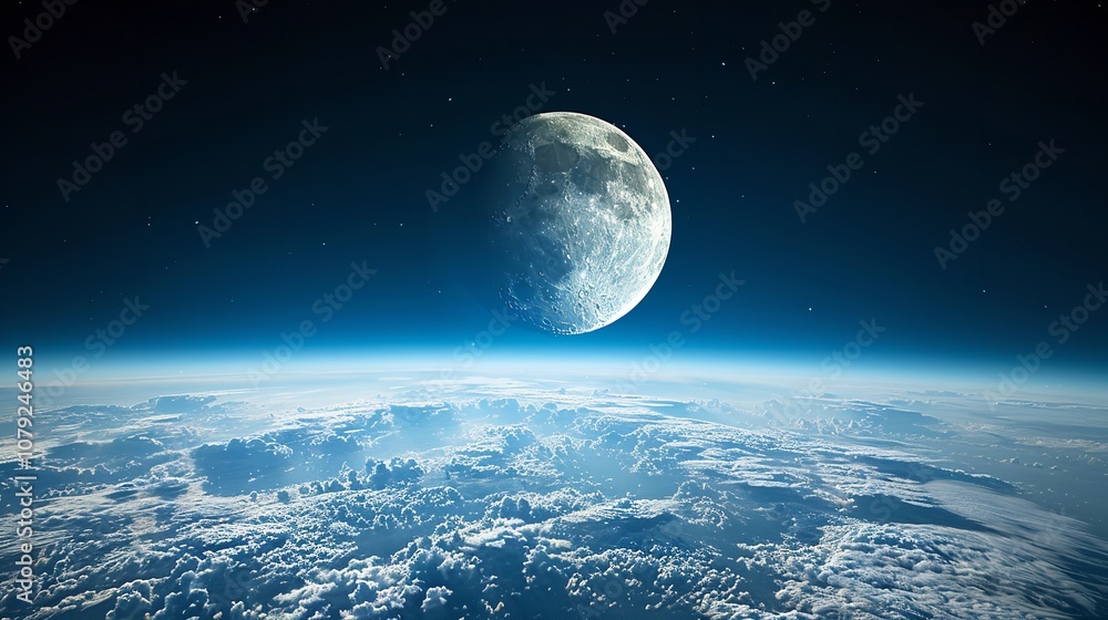 Night sky with the moon rising over the clouds. Concept of cosmic peace and wonder, Generative AI. Night sky with the moon rising over the clouds. Concept of cosmic peace and wonder, Generative AI.