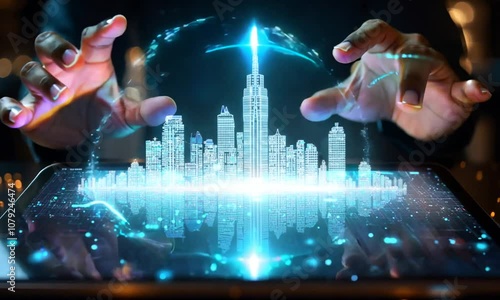 Futuristic hands interacting with a holographic cityscape display.