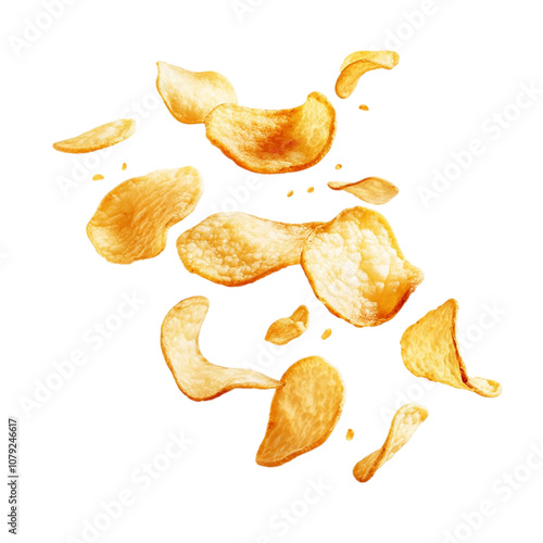 Flying potato chips, crispy potato chips isolated on transparent background.
