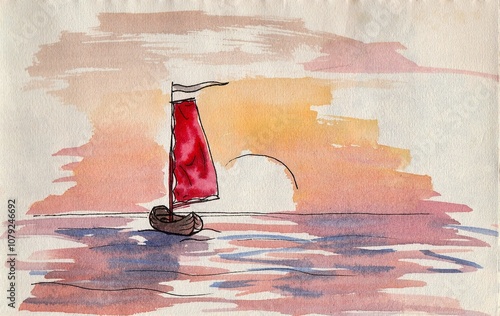 Watercolor paintings, seascape, a ship with a starfish on the background of the sun, morning in the ocean.
