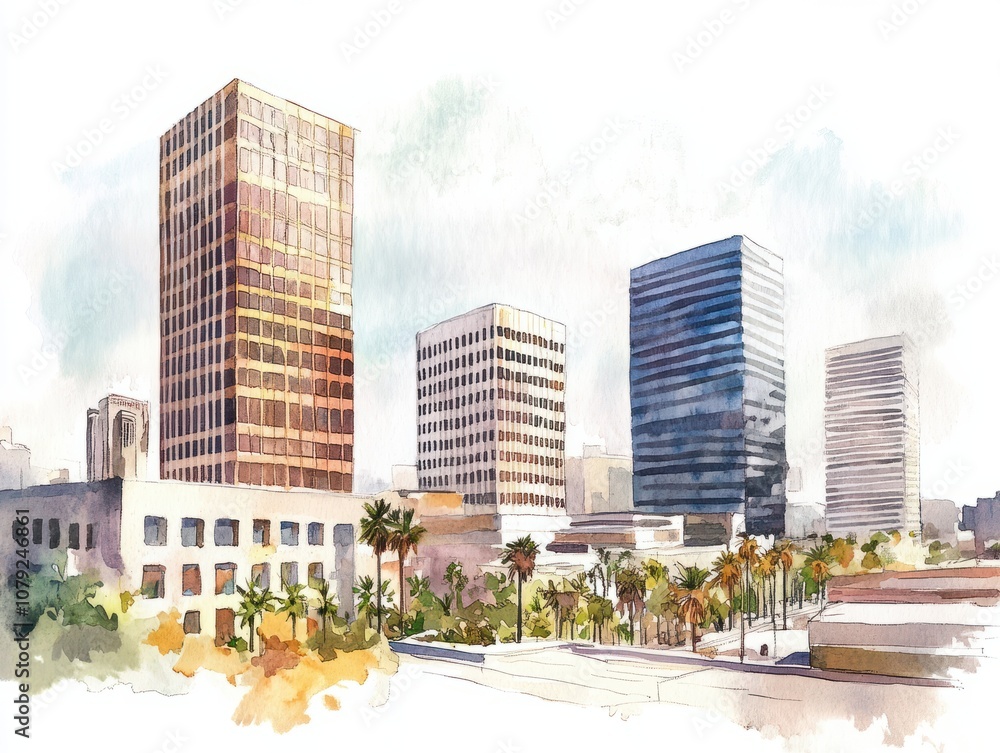 Obraz premium Watercolor Los Angeles skyline, modern buildings. American architecture, cityscape. Urban landscape