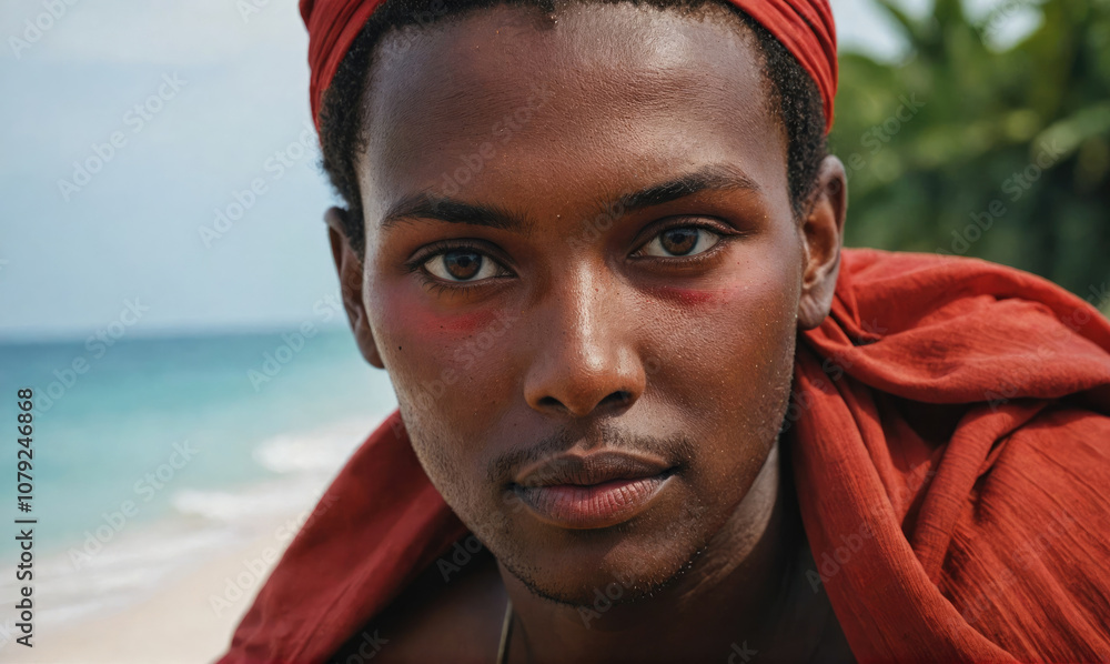 A man wearing a red turban looks directly at the camera on a beach A man wearing a red turban looks directly at the camera on a beach