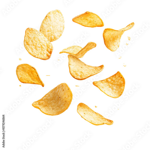 Flying potato chips, crispy potato chips isolated on transparent background.