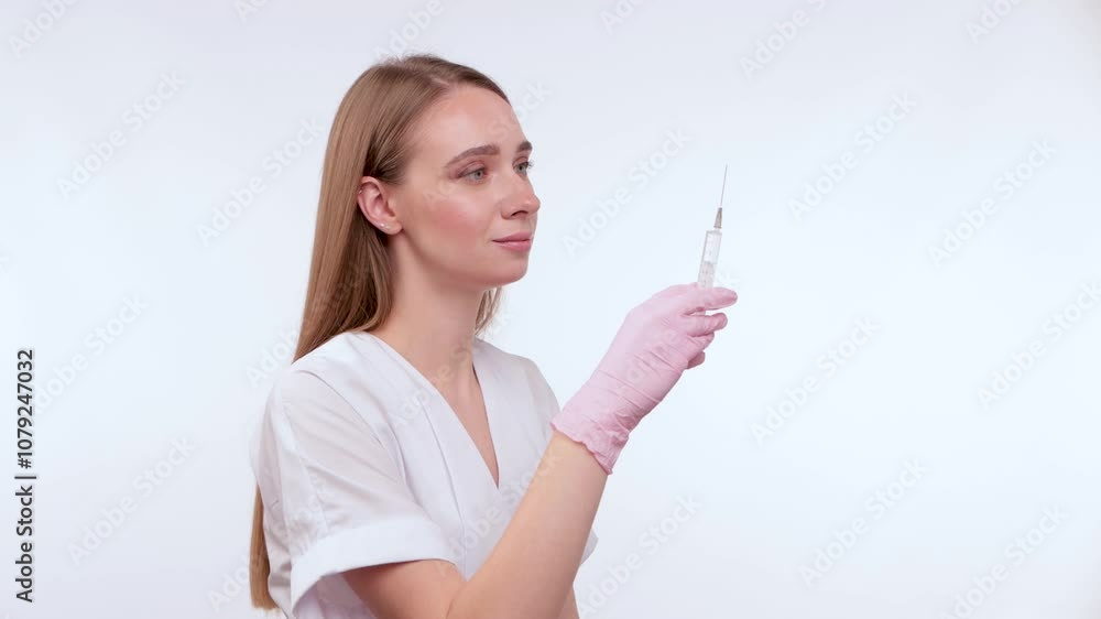Nurse in white uniform holds syringe and prepares injection for shot on white background. Nurse in white uniform holds syringe and prepares injection for shot on white background.