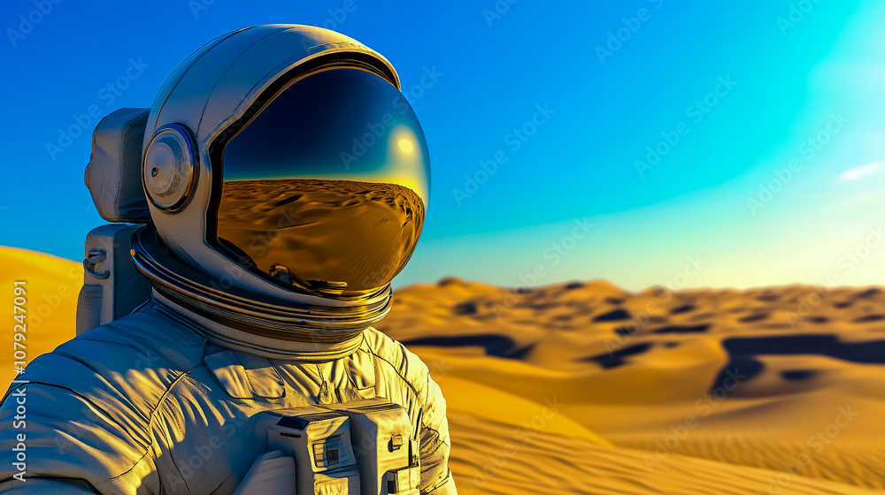 Scene of an astronaut in a full space suit standing alone in the middle of a vast desert. Scene of an astronaut in a full space suit standing alone in the middle of a vast desert.