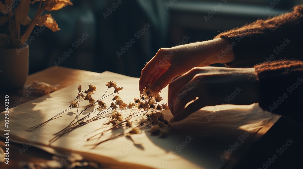 Obraz premium Close-up of hands carefully arranging dried flowers on paper, with a peaceful, mindful atmosphere. The scene captures soft shadows, natural colors, and a minimalistic background