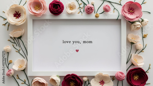 Happy Mother's Day card with frame from embroided flowers on white background. 