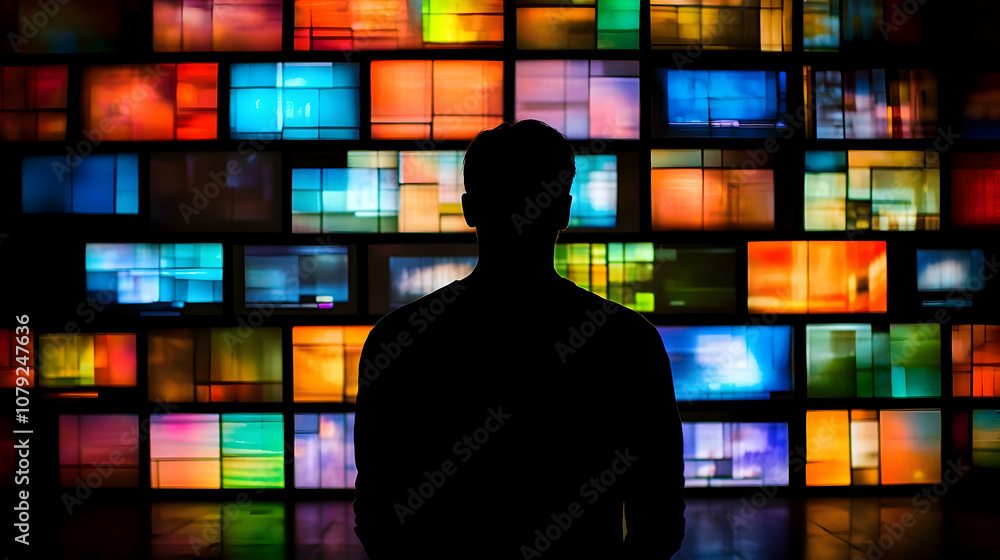 Silhouetted figure in front of a wall of screens for media overload concept Silhouetted figure in front of a wall of screens for media overload concept