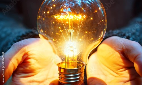 A glowing light bulb held in hands, symbolizing ideas and creativity.