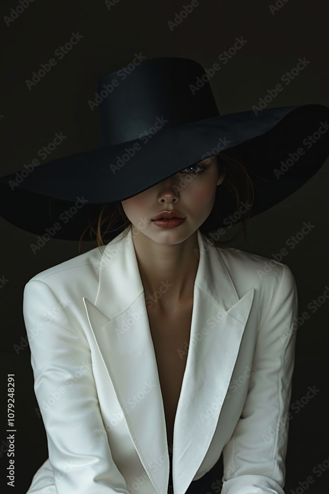 A woman in a white suit and a black hat A woman in a white suit and a black hat