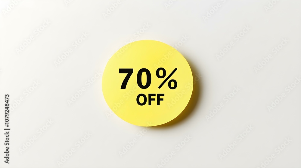 Black '70% OFF' Text on a Yellow Round Paper Note. White Background with Copy Space Black '70% OFF' Text on a Yellow Round Paper Note. White Background with Copy Space