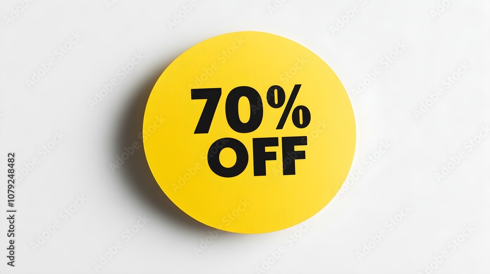 Black '70% OFF' Text on a Yellow Round Paper Note. White Background with Copy Space Black '70% OFF' Text on a Yellow Round Paper Note. White Background with Copy Space