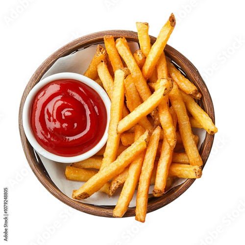 French fries in basket with ketchup isolated on transparent background.