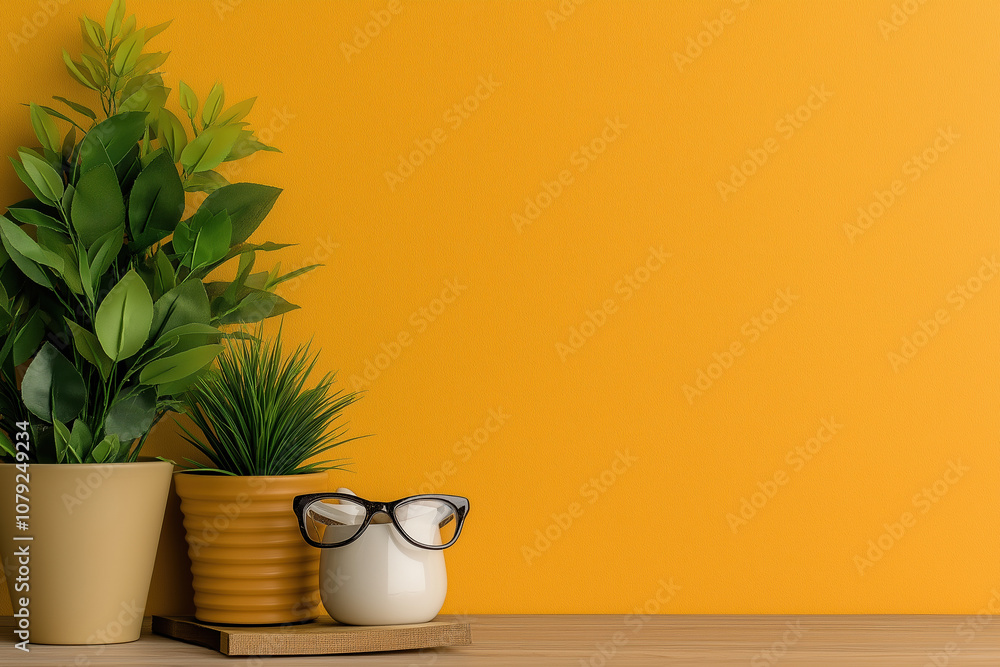 Lush greenery and stylish decor against a warm yellow backdrop in a cozy space Lush greenery and stylish decor against a warm yellow backdrop in a cozy space