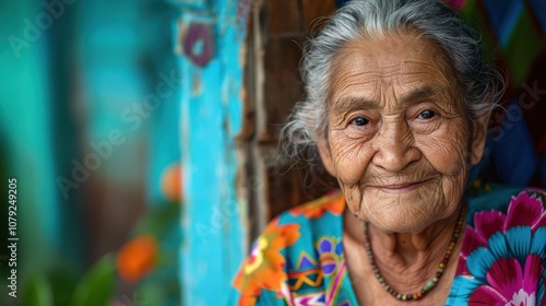 Against vibrant backgrounds, a dignified grandma's peaceful smile radiates with the serenity and fulfillment of a life well-lived