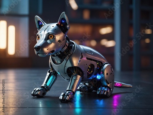 A cyber dog of the future, featuring robotic components, sleek design, glowing accents, and advanced technology, blending the characteristics of a pet and machine photo