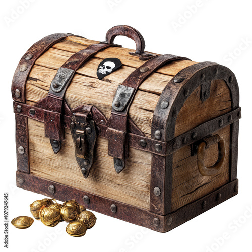 A rustic pirate treasure box filled with gold coins displayed against a stark transparent background, pirates treasure box isolated on transparent background photo