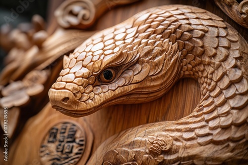 chinese new year woodcarving, wooden artwork featuring earth snake design intricately intertwined with chinese new year symbols symbolizing peace and new beginnings photo