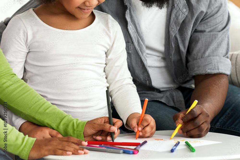 Family Leisure. Cute Little African Girl Drawing With Her Parents At Home, Closeup Family Leisure. Cute Little African Girl Drawing With Her Parents At Home, Closeup
