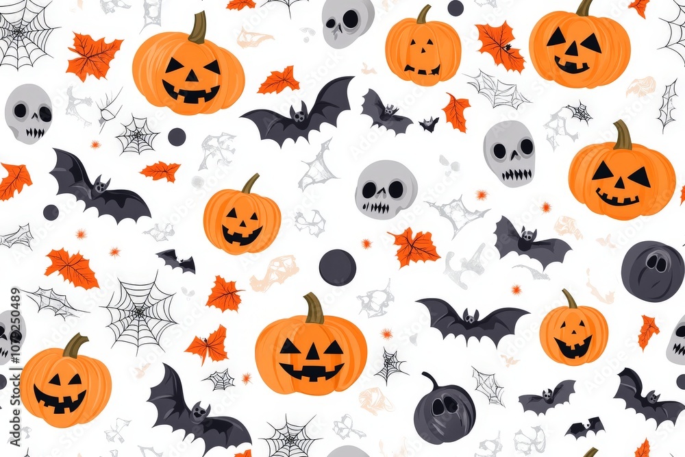 Halloween themed image with pumpkins, bats, and skulls scattered on white background Halloween themed image with pumpkins, bats, and skulls scattered on white background